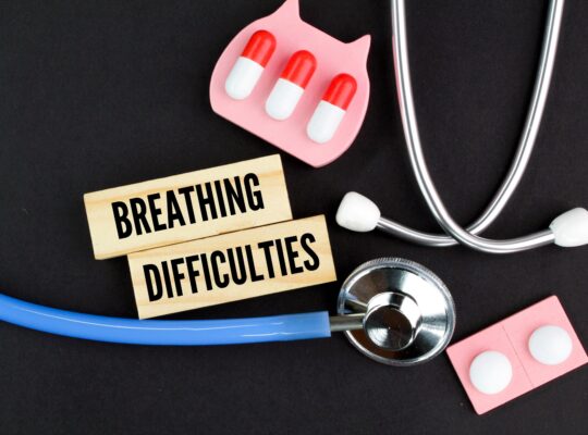 stethoscope and medicine with the word breathing difficulties
