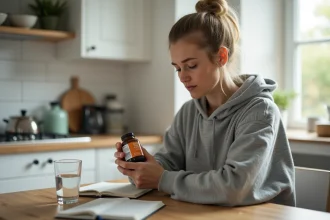 Femme lisant l'étiquette d'un complément alimentaire Nuclever pour le cortisol à sa table de cuisine le matin