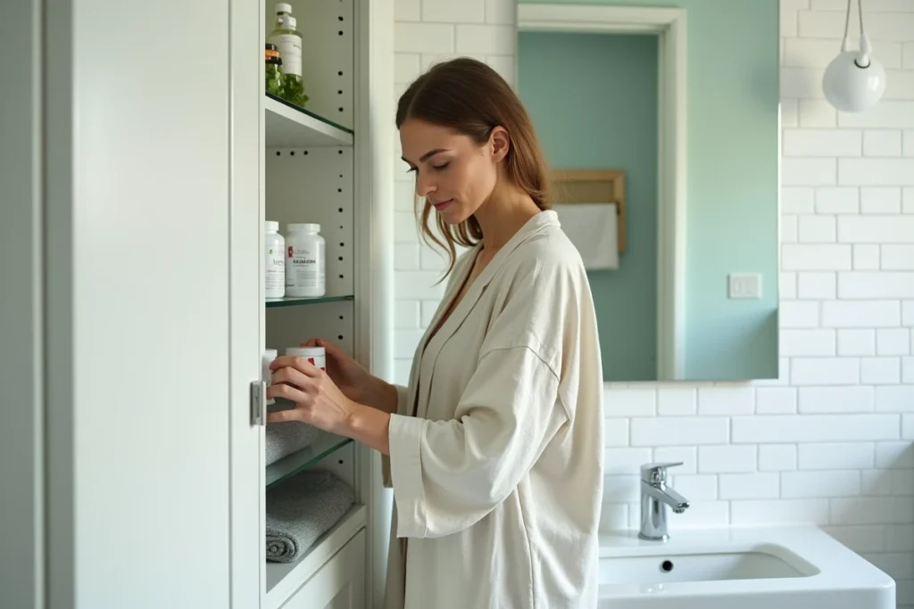 Femme rangeant un complément alimentaire pour le cortisol dans sa pharmacie de salle de bain