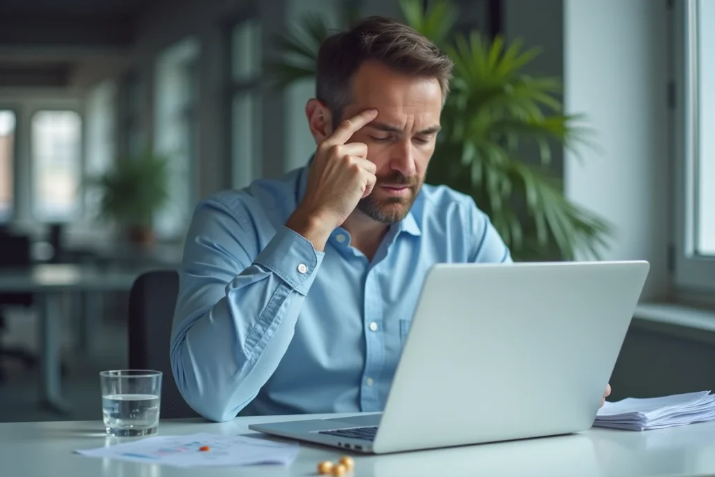 Homme stressé au bureau avec un complément cortisol et un verre d'eau sur son bureau