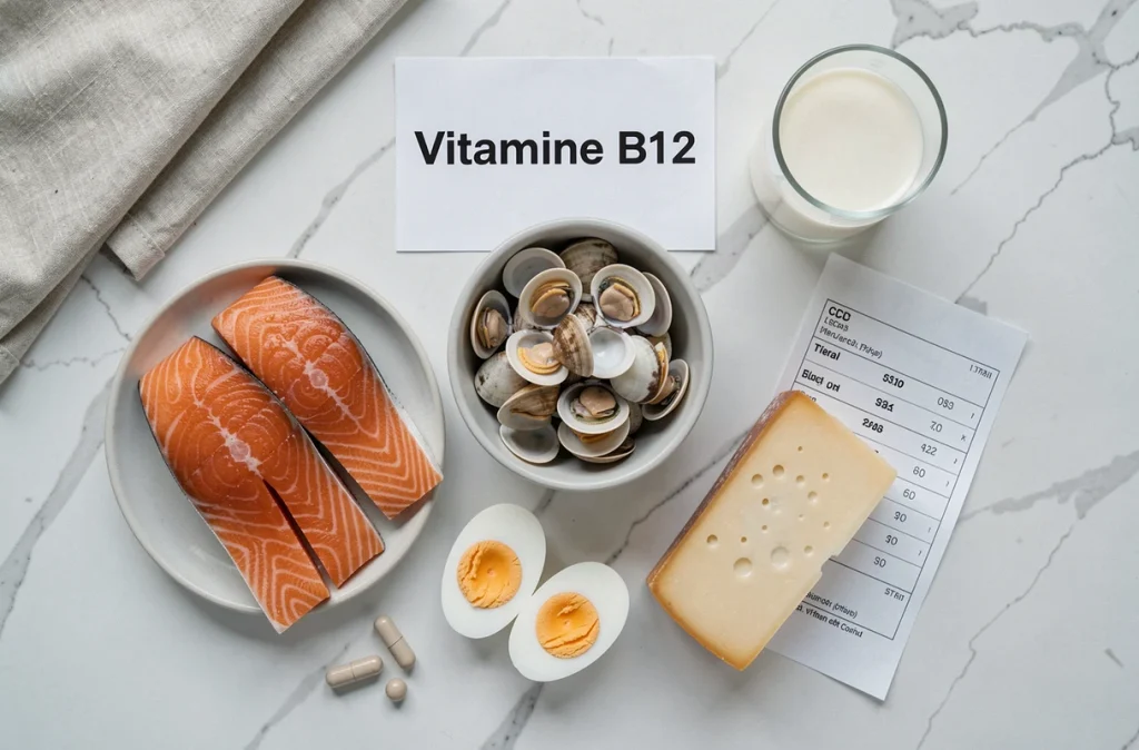 Aliments riches en vitamine B12 disposés en flat lay avec un bilan sanguin montrant un VGM élevé