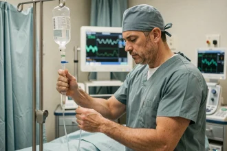 Anesthésiste réglant une perfusion intraveineuse avant une opération chirurgicale en salle d'opération
