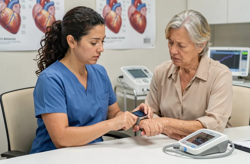 Médecin cardiologue et patiente examinant ensemble les données d'arythmie sur une montre connectée en cabinet médical