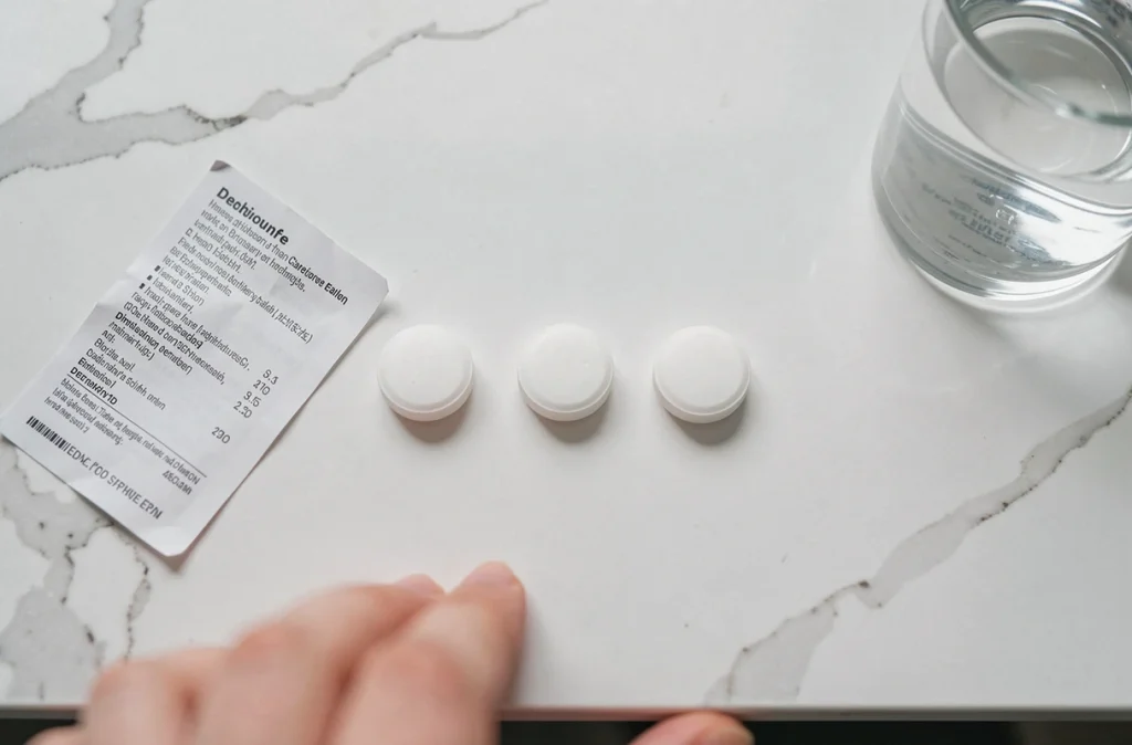 Vue aérienne de trois comprimés blancs de différents dosages antidépresseurs avec une notice médicale sur un plan de travail en marbre