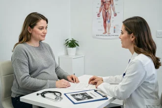Femme enceinte en consultation médicale au premier trimestre de grossesse avec sa gynécologue