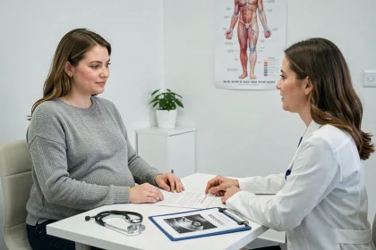 Femme enceinte en consultation médicale au premier trimestre de grossesse avec sa gynécologue