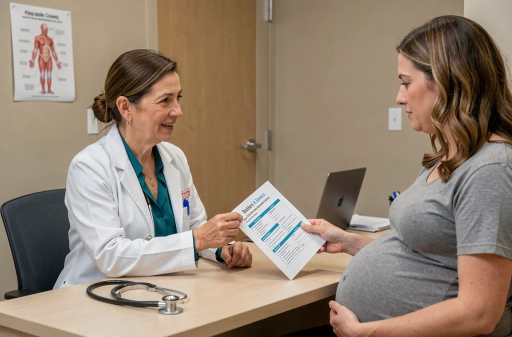 Médecin gynécologue conseillant une femme enceinte sur les précautions alimentaires contre la toxoplasmose