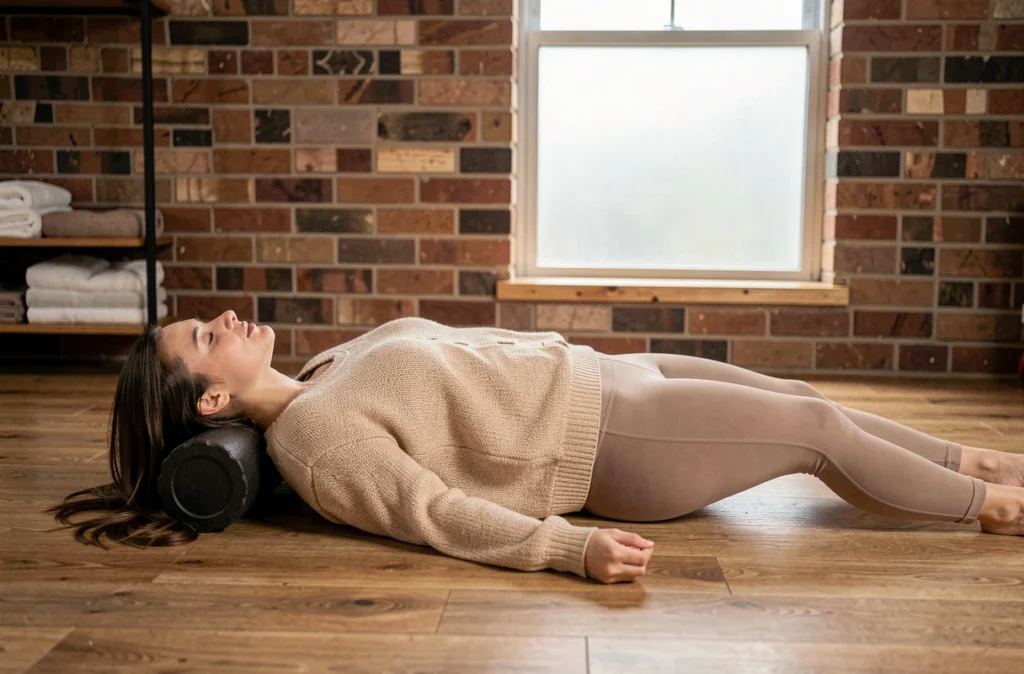 Femme allongée sur un rouleau de mousse pour soulager naturellement une douleur costale