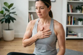 Femme tenant son côté douloureux lors d'un exercice de respiration sur un tapis de yoga à domicile