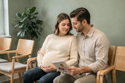 Couple attendant une consultation prénatale ensemble dans une salle d'attente de maternité moderne