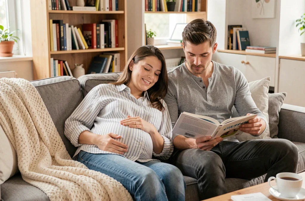 Couple enceinte lisant un guide de grossesse ensemble dans leur salon confortable