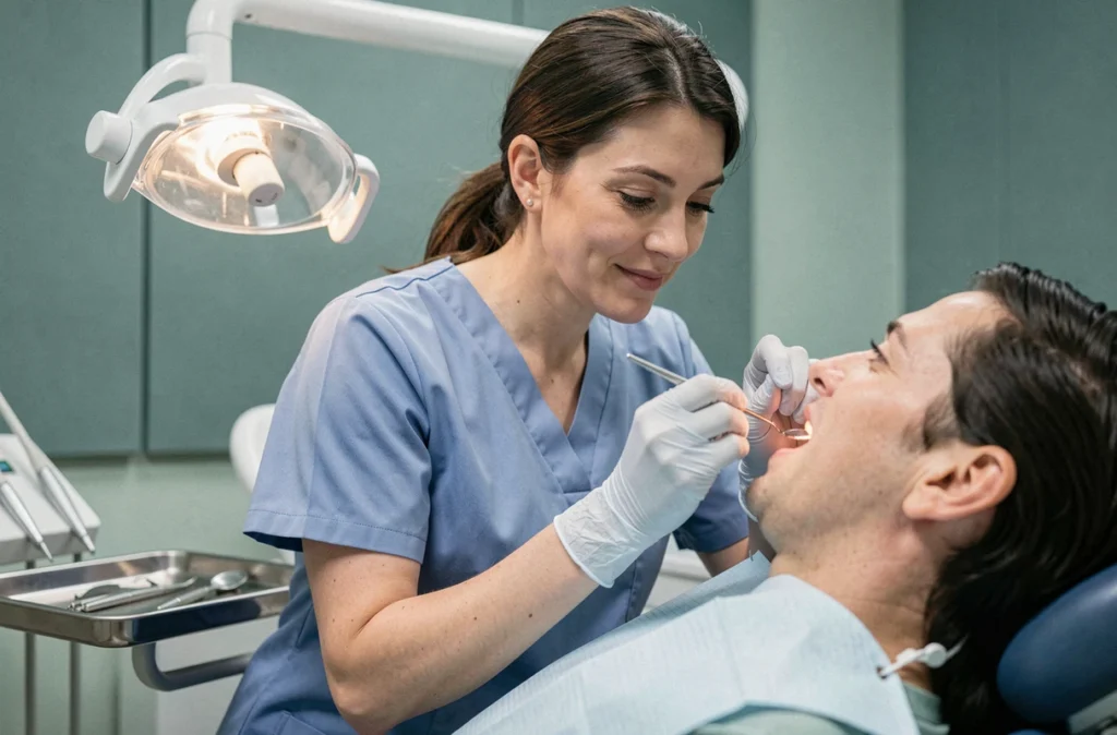 Dentiste examinant la cicatrisation buccale d'un patient après une intervention chirurgicale dentaire