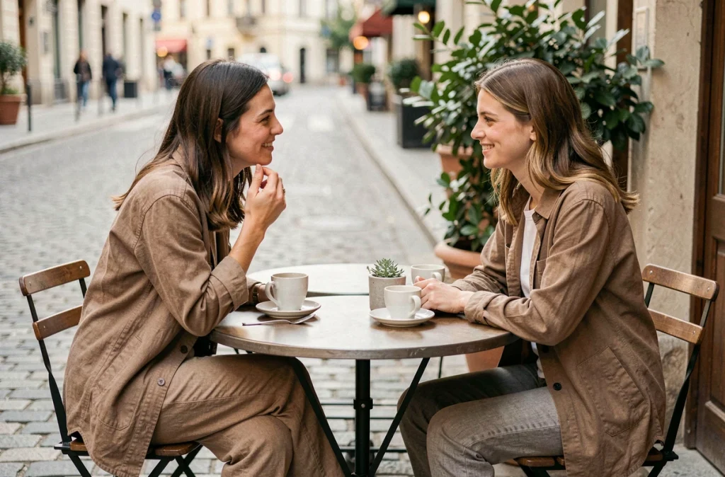 Deux femmes discutant de la signification de la main droite qui gratte dans un café en ville