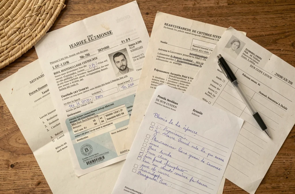 Vue du dessus de documents administratifs nécessaires pour une demande de carte Vitale étalés sur une table