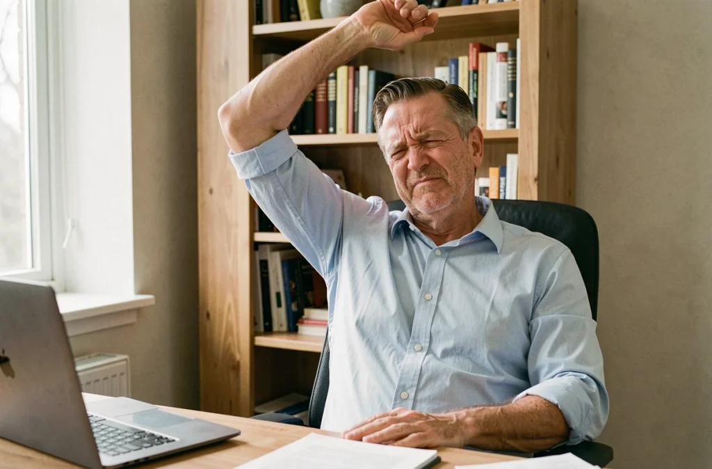 Homme en télétravail s'étirant le bras gauche avec une grimace de douleur musculaire sous l'aisselle