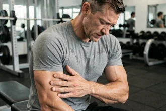 Homme assis dans une salle de sport tenant son aisselle gauche en raison d'une douleur musculaire