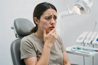 Jeune femme se tenant la mâchoire de douleur dans un cabinet dentaire, illustrant une douleur de dent de sagesse et une possible infection