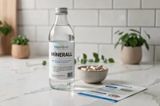 Bouteille d'eau minérale Saint-Antonin avec des gélules de magnésium sur un plan de travail en marbre blanc, illustrant la composition et les bienfaits digestifs de l'eau pour la constipation