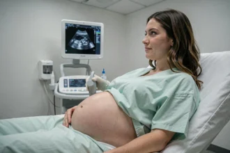 Femme enceinte lors d'une échographie de datation tardive dans une salle d'examen médicale moderne