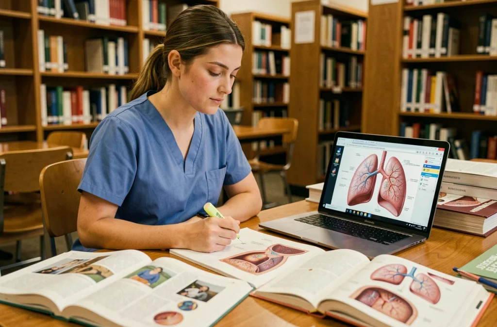 Étudiante en médecine étudiant l'anatomie de la plèvre et du cul-de-sac pleural dans une bibliothèque universitaire