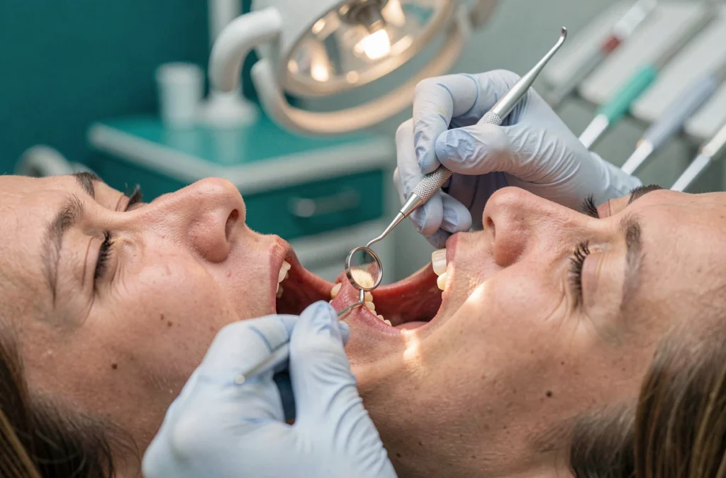 Gros plan des mains d'un dentiste examinant une molaire en bouche avec un miroir dentaire, pour diagnostiquer une infection de dent de sagesse