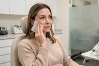 Femme après extraction dentaire tenant une compresse contre sa joue dans un cabinet dentaire moderne