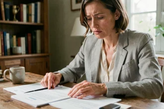 Femme examinant des documents officiels pour constituer un dossier carte Vitale