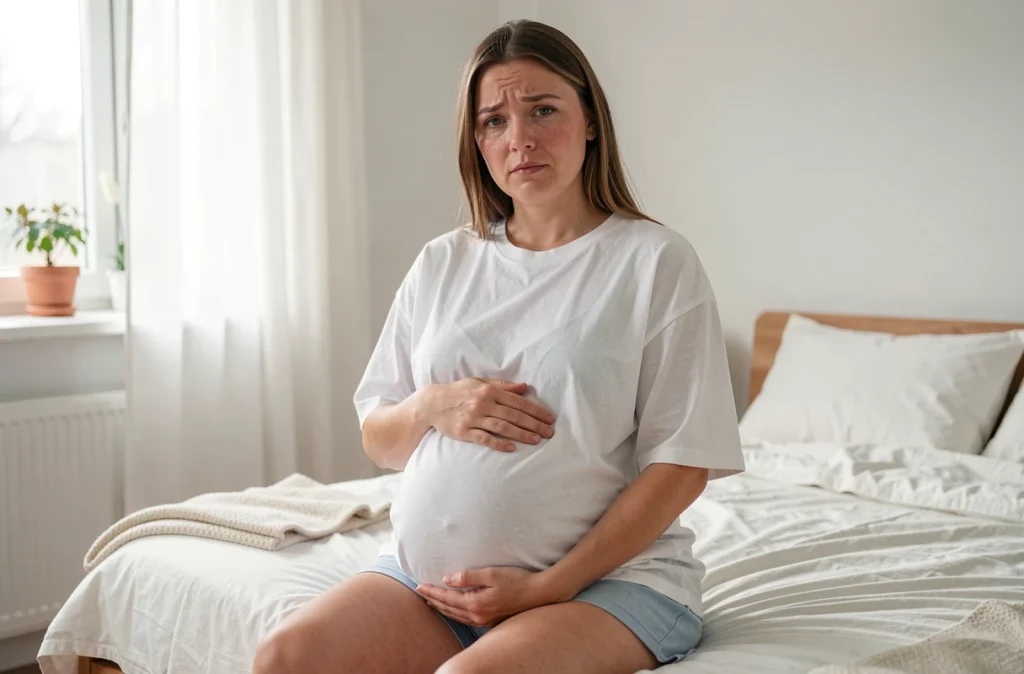 Femme enceinte assise au bord du lit le matin, fatiguée après une nuit de sommeil perturbé pendant la grossesse
