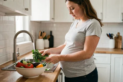 Femme enceinte lavant des légumes frais à l'évier pour prévenir la toxoplasmose pendant la grossesse
