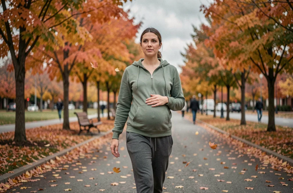 Femme enceinte marchant dans un parc urbain en automne avec des feuilles d'érable orangées, main posée sur le ventre