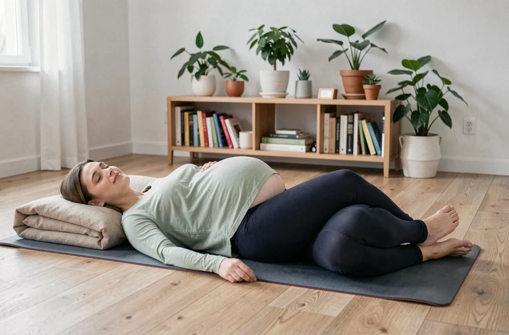 Femme enceinte pratiquant une posture de relaxation sur un tapis de yoga pour améliorer la qualité du sommeil pendant la grossesse