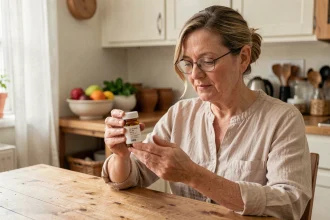 Femme d'une cinquantaine d'années examinant un flacon de médicament antidépresseur avec des lunettes de lecture dans une cuisine chaleureuse