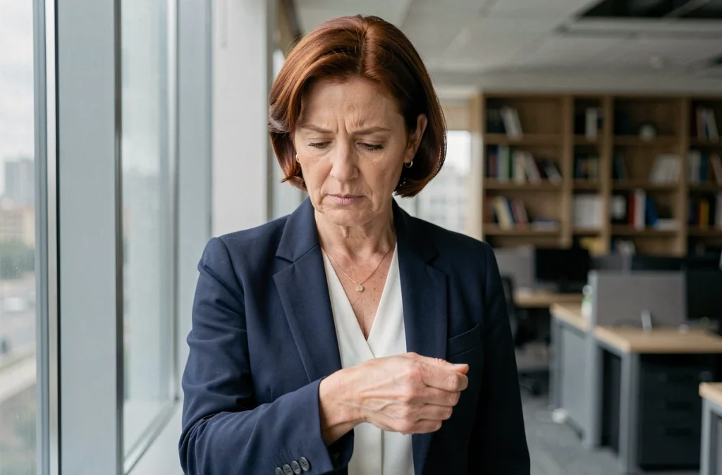 Femme professionnelle se grattant la paume de la main droite au bureau, croyances et superstitions