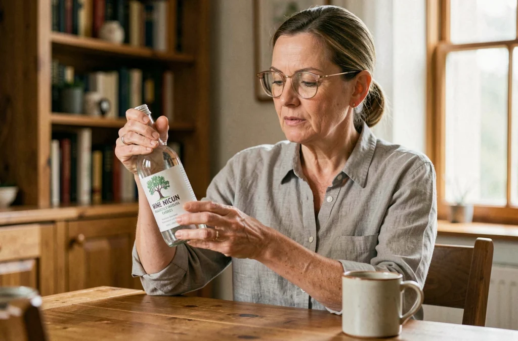 Femme d'âge moyen lisant attentivement l'étiquette d'une bouteille d'eau minérale Saint-Antonin à table, en lien avec les précautions d'usage et la teneur en magnésium contre la constipation