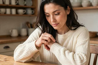 Femme se grattant la main droite à la maison, expression intriguée, symbolique et signification