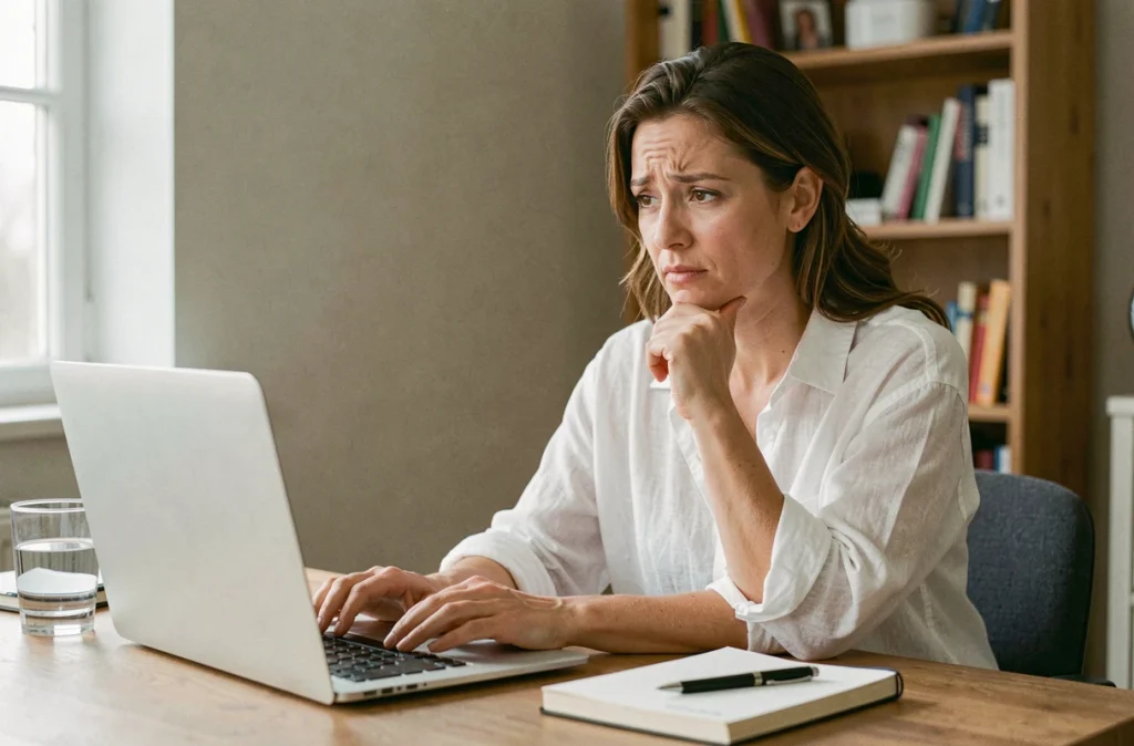 Femme à la maison recherchant des informations sur les symptômes précoces des mycoplasmes sur son ordinateur portable