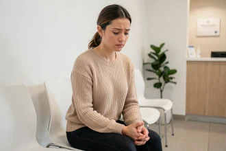 Femme inquiète assise dans une salle d'attente gynécologique, illustrant les symptômes précoces des mycoplasmes chez la femme