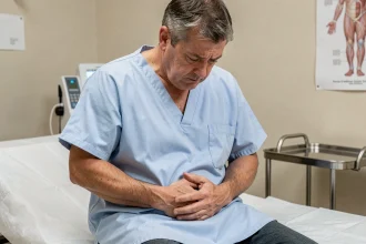 Homme adulte en consultation médicale inspectant une boule dans l'aine, assis sur une table d'examen clinique