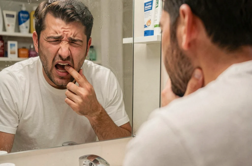 Homme examinant sa gencive douloureuse devant un miroir de salle de bain, signe possible d'infection autour d'une dent de sagesse