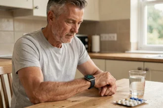 Homme de 52 ans consultant les données cardiaques de sa montre connectée à la table de cuisine, avec un tensiomètre en arrière-plan