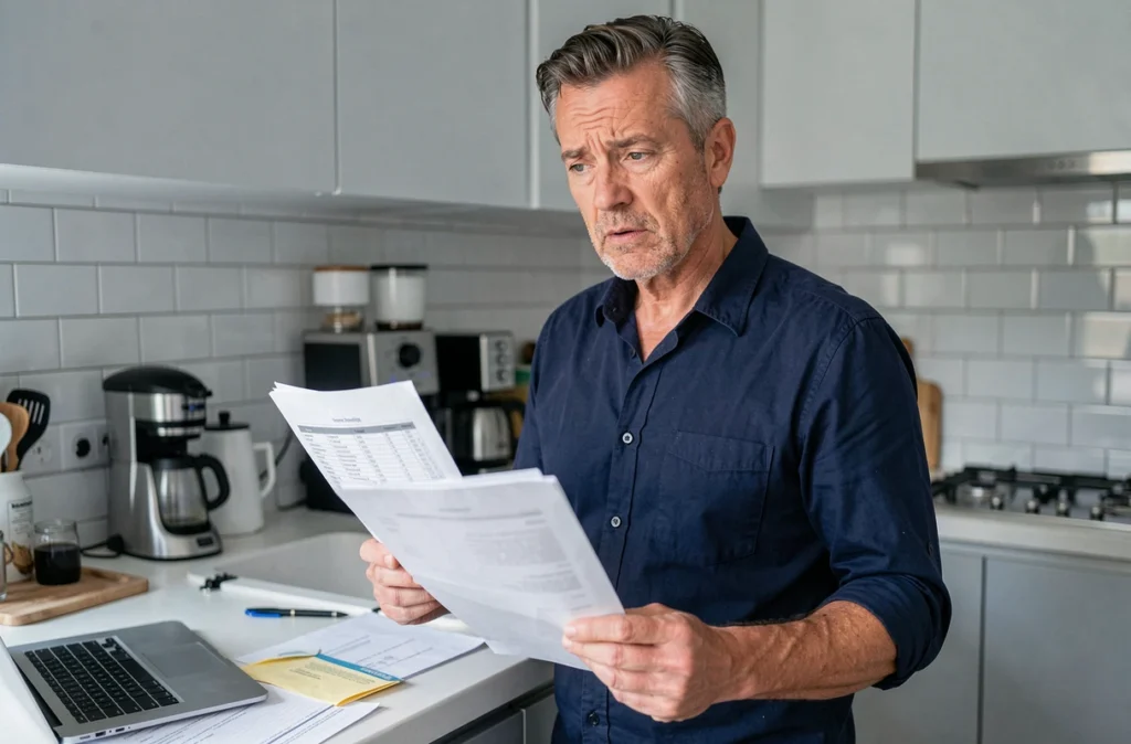 Homme tenant des papiers administratifs avec une expression perplexe lors d'une démarche carte Vitale