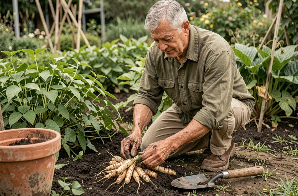Homme âgé récoltant des racines de curcuma et de gingembre dans son jardin pour traiter naturellement la douleur liée à l'arthrose