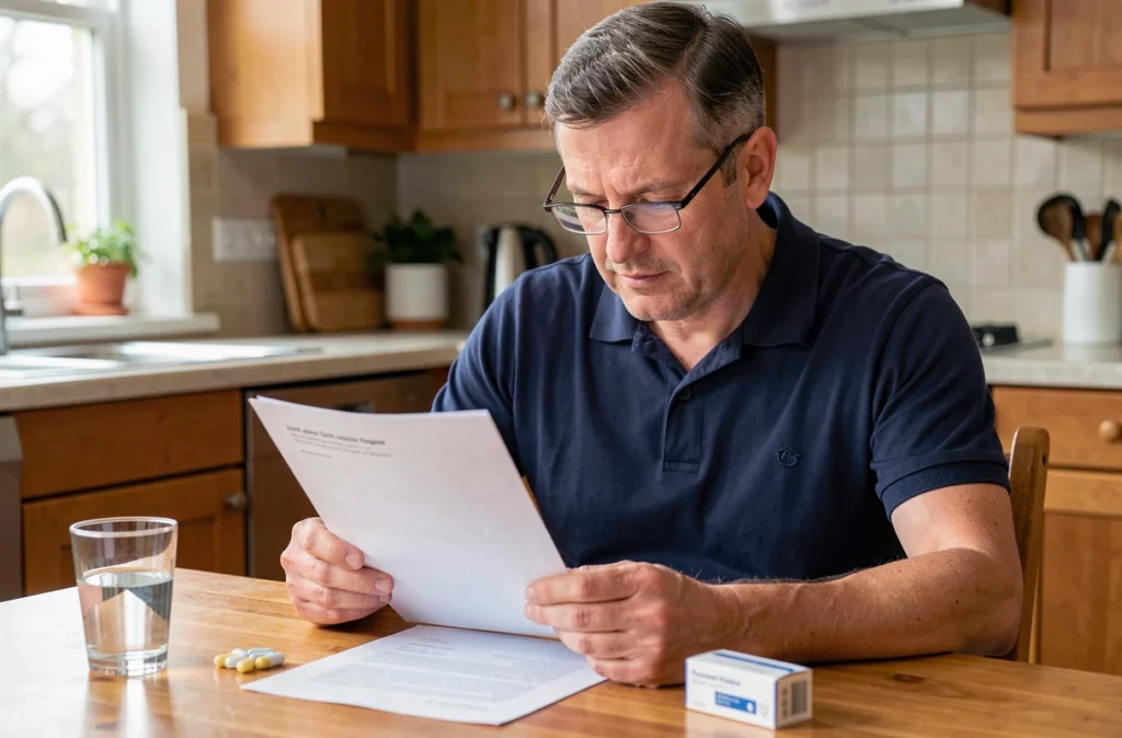 Homme lisant une fiche de soins post-opératoires dentaires à domicile avec un verre d'eau et une boîte de médicaments