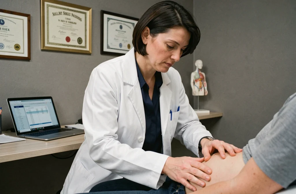 Médecin généraliste femme examinant la zone de l'aine d'un patient lors d'une consultation clinique