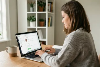 Femme mettant à jour ses informations personnelles sur un profil en ligne depuis un ordinateur portable dans un bureau à domicile