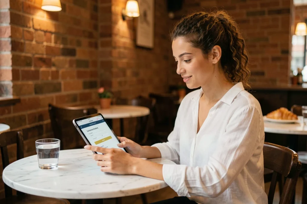 Jeune femme mettant à jour son profil personnel sur une tablette dans un café urbain moderne