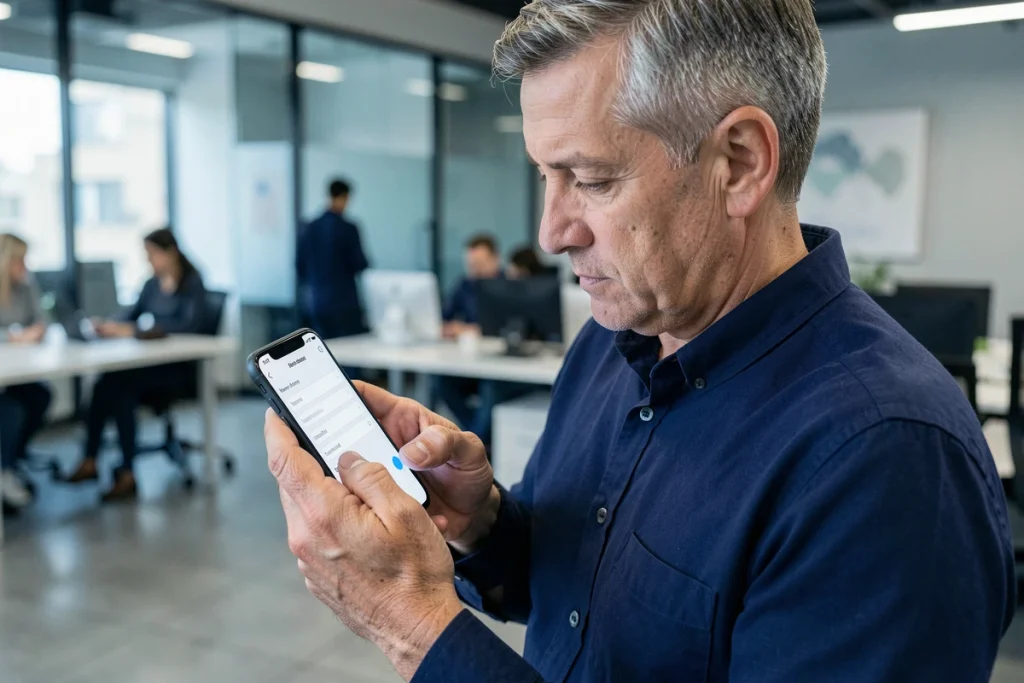 Homme modifiant ses informations de compte personnel sur smartphone dans un environnement de bureau professionnel