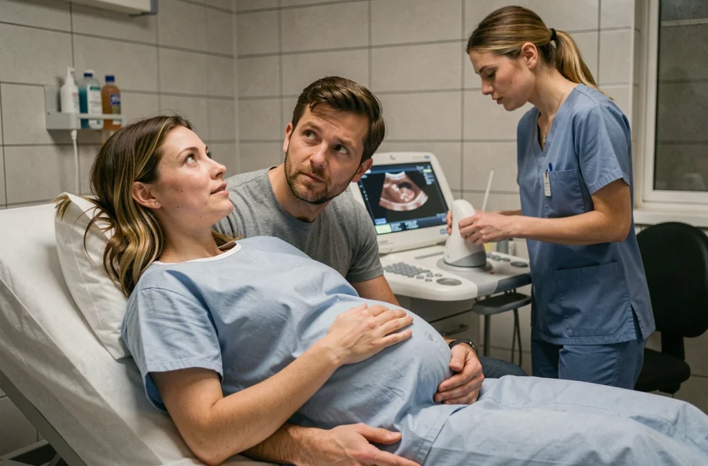 Futur père ému regardant l'échographie de son bébé aux côtés de sa partenaire enceinte