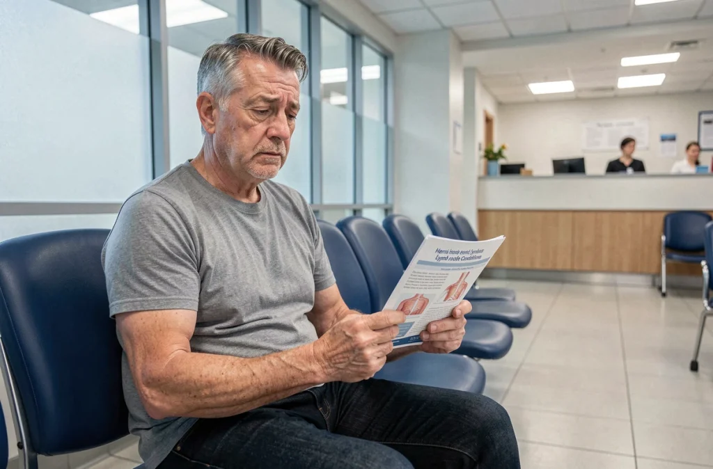 Patient adulte en salle d'attente d'hôpital tenant une brochure médicale sur les ganglions et hernies de l'aine