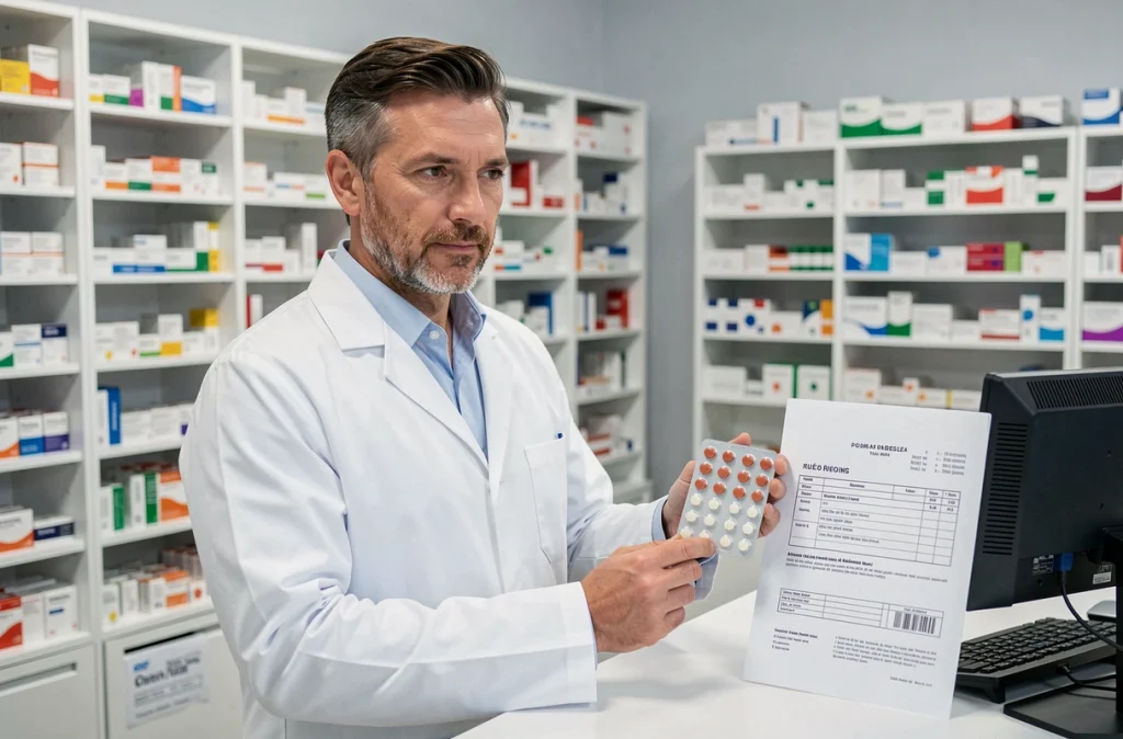 Pharmacien tenant une plaquette de comprimés antidépresseurs et une ordonnance dans une pharmacie moderne